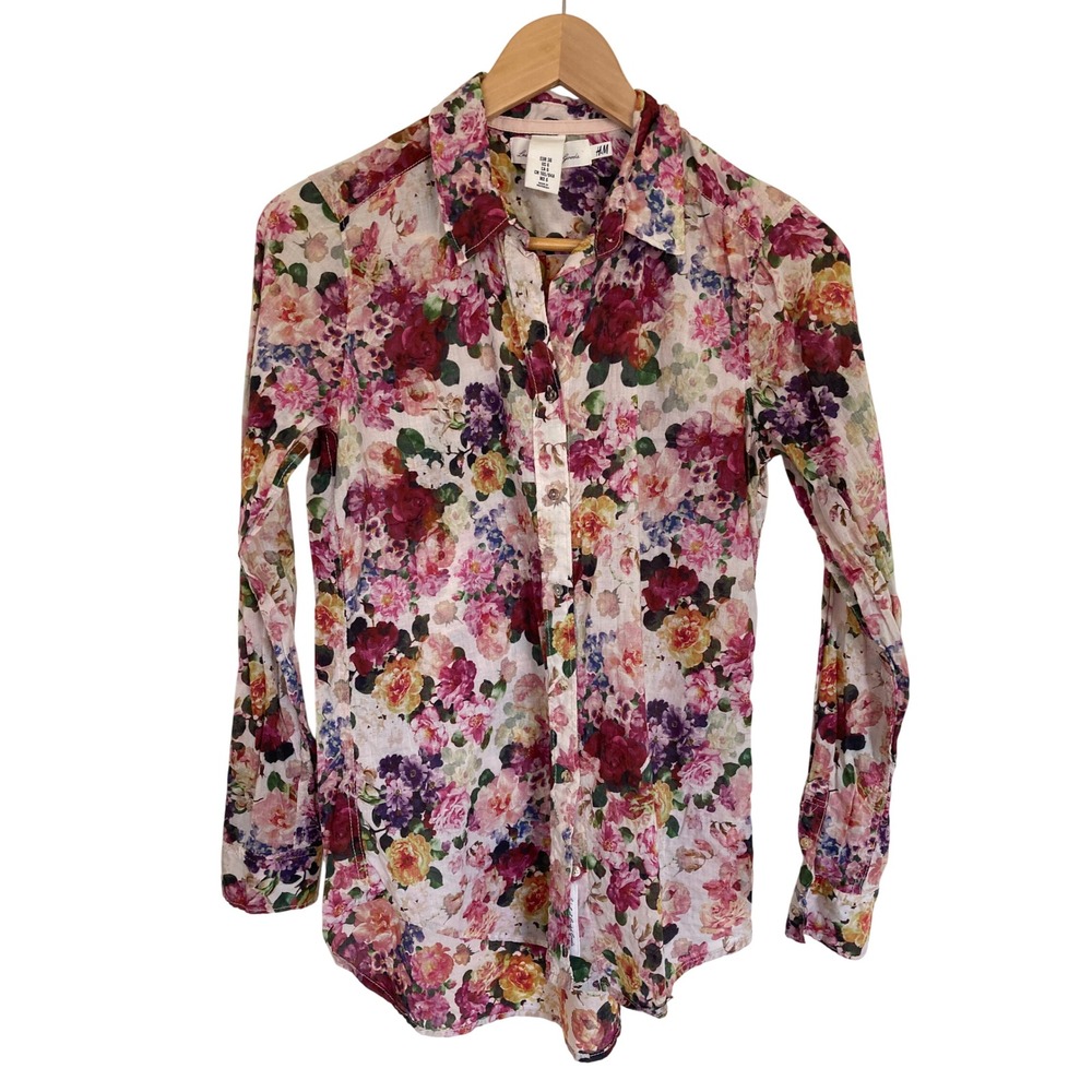 HM LOGG Womens Floral Button Down Shirt Pink Purple Cotton Long Sleeve Size 6